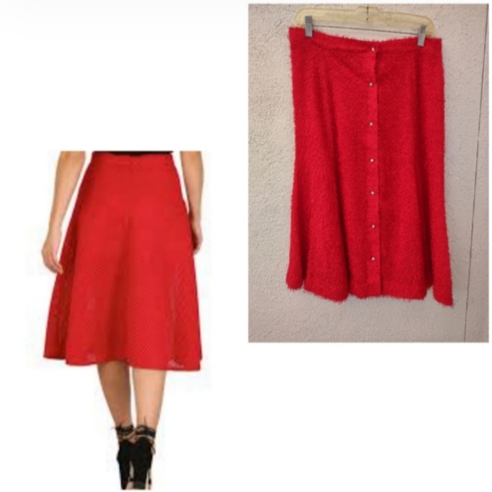 Vintage Red Fuzzy Knit Midi Skirt A-Line Holiday Fit Retro Chic Fall Winter 4-6 - Picture 3 of 17